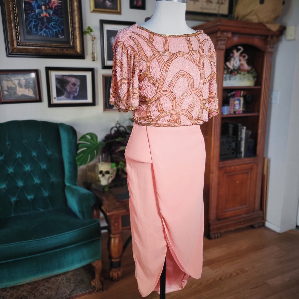 Virgos Lounge Evening Gown Dress NWT Womens Coral Beaded Short Sleeves Size‎ 6
